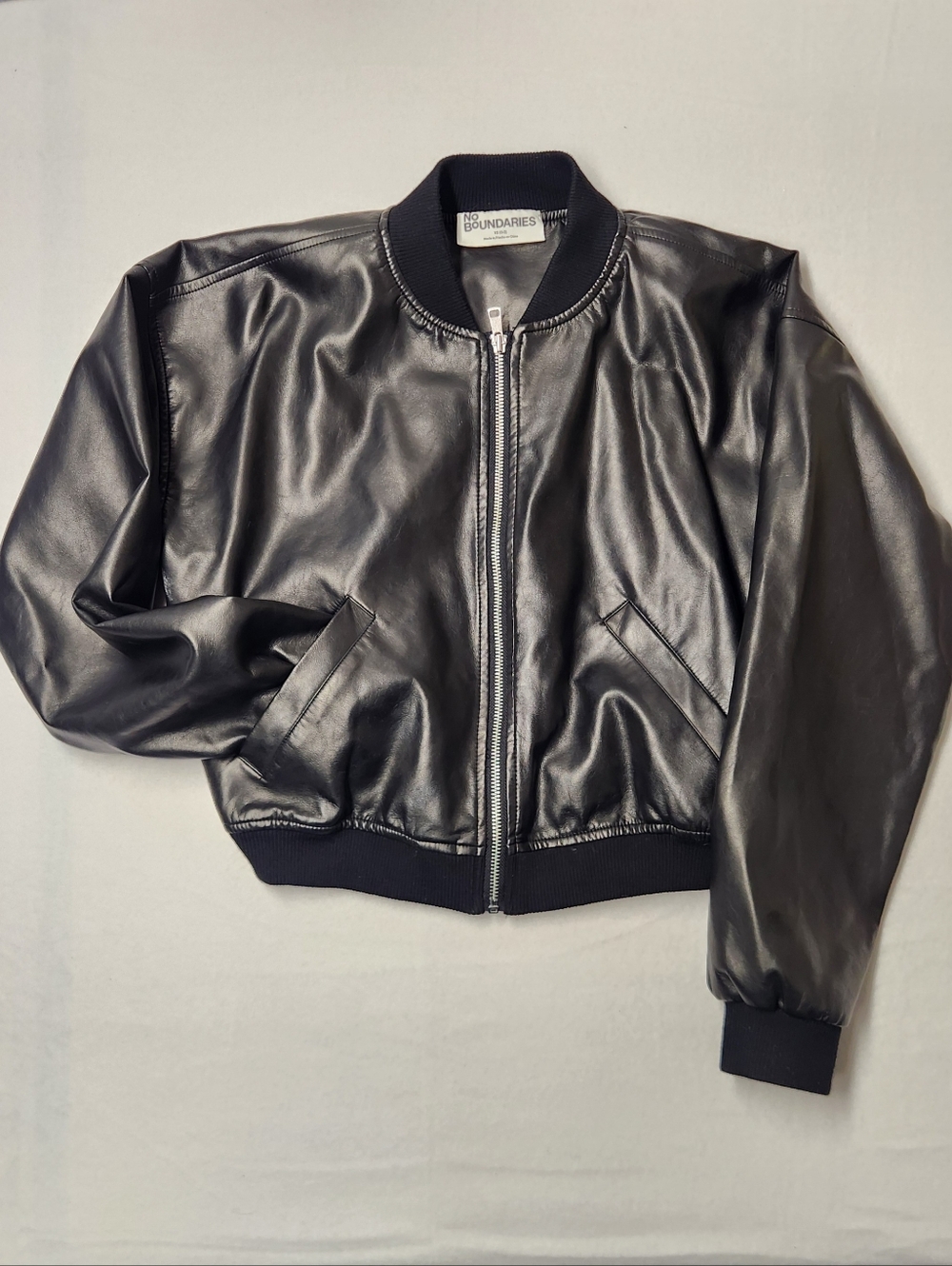 No Boundaries Y2K Faux Leather Bomber Jacket Black Grunge Streetwear Coat XS
